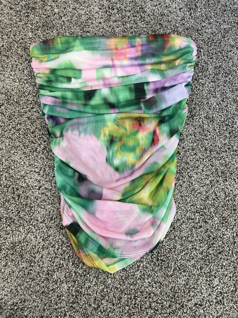 Zara Womens S Ruched Mesh Tube Top Pink Green Abstract Strapless Y2K